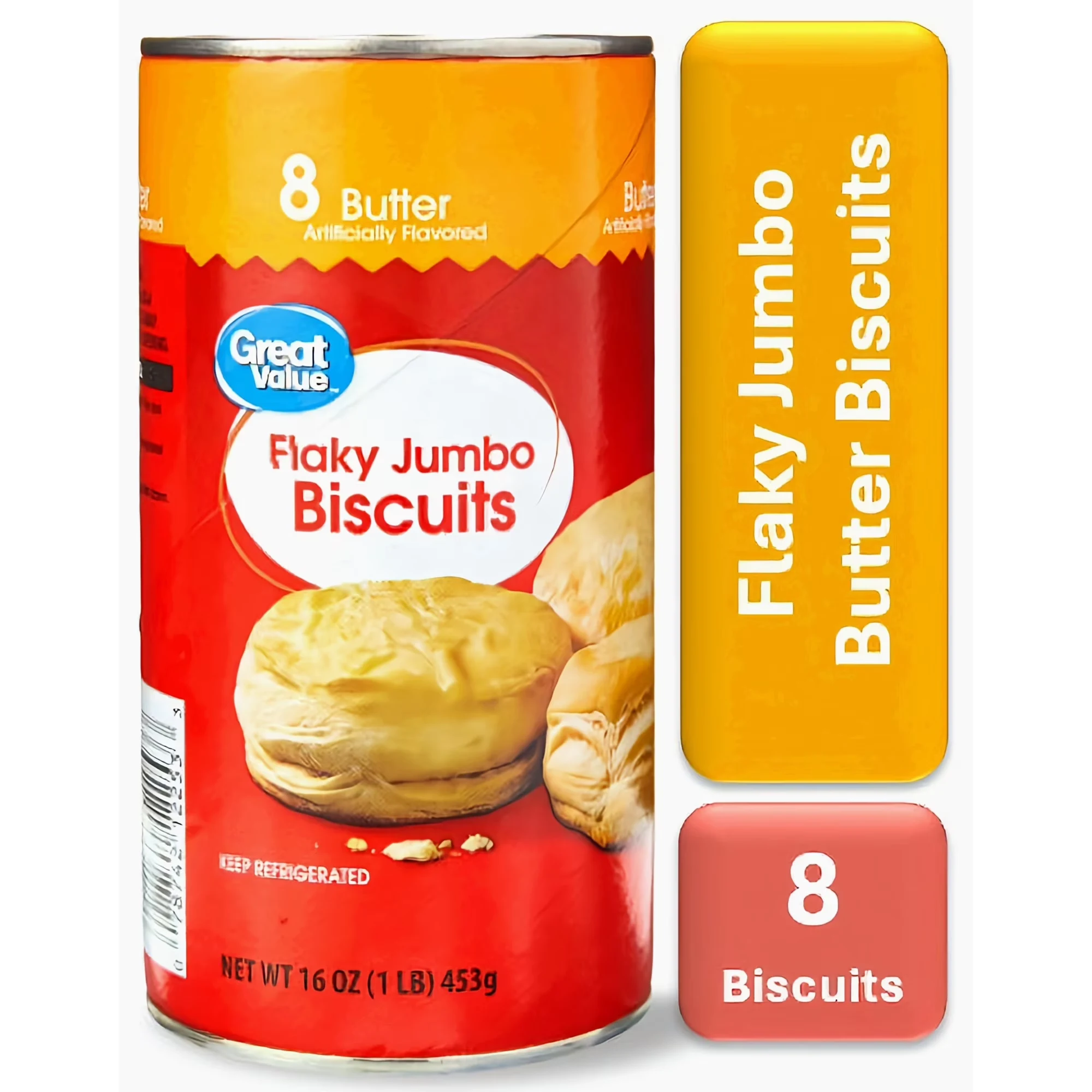 Great Value Butter Flavor Flaky Jumbo Biscuits, 16 oz, 8 Count