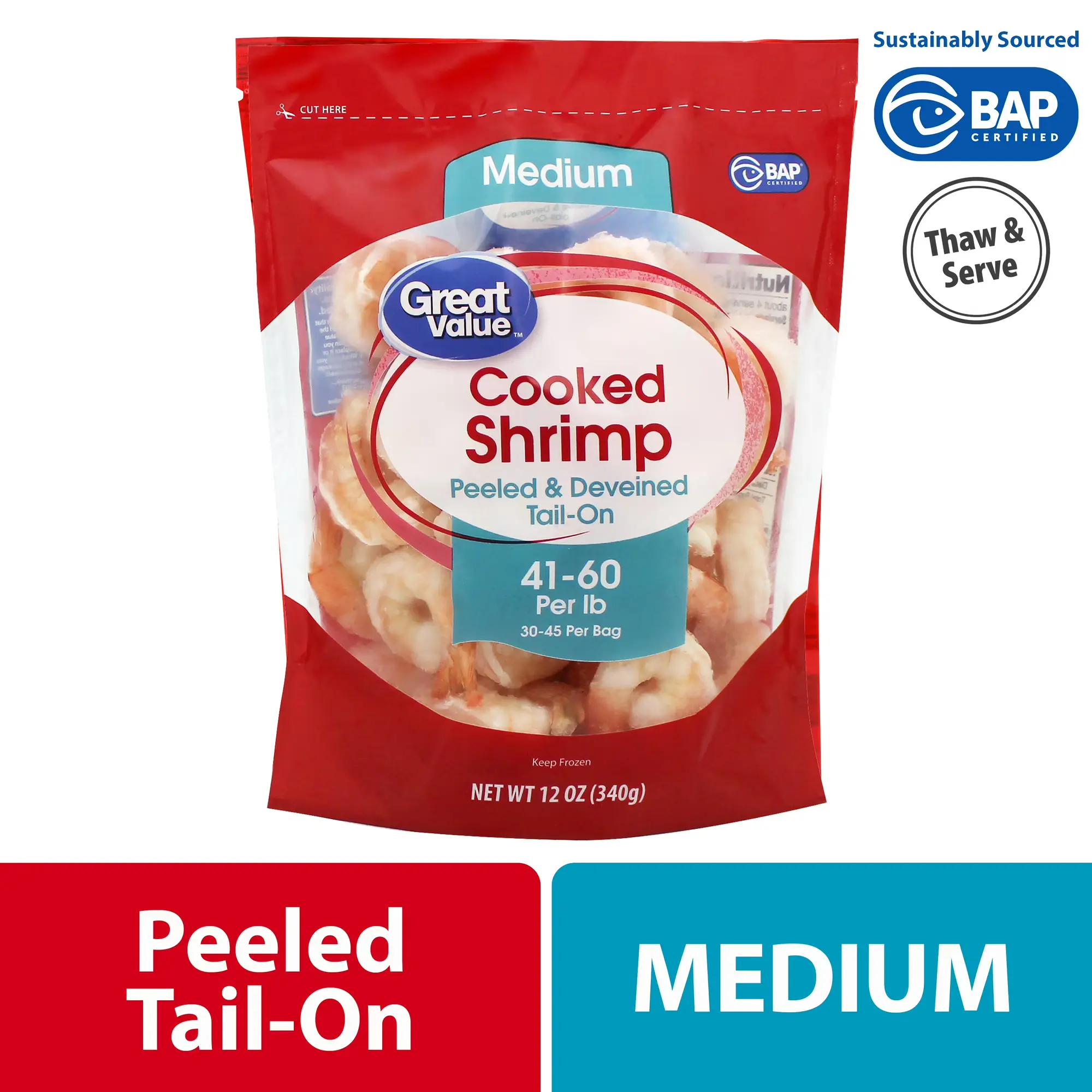 Great Value Frozen Cooked Medium Peeled & Deveined Tail-on Shrimp, 12 oz Bag
