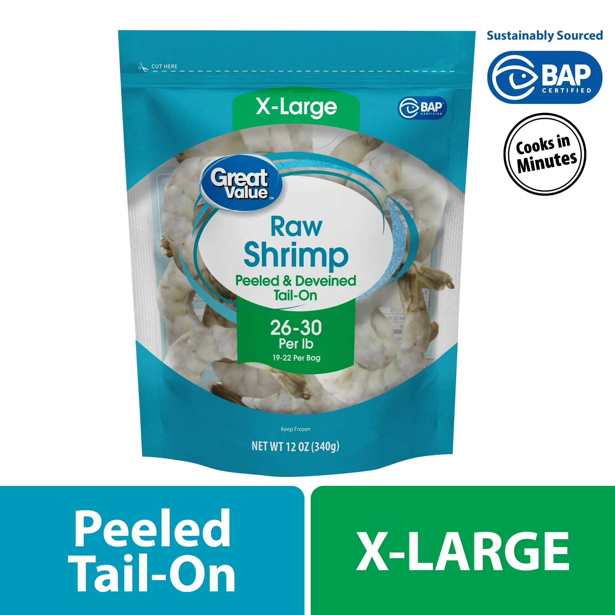 Great Value Frozen Peeled Tail on Extra Large Shrimp, 12 oz Bag