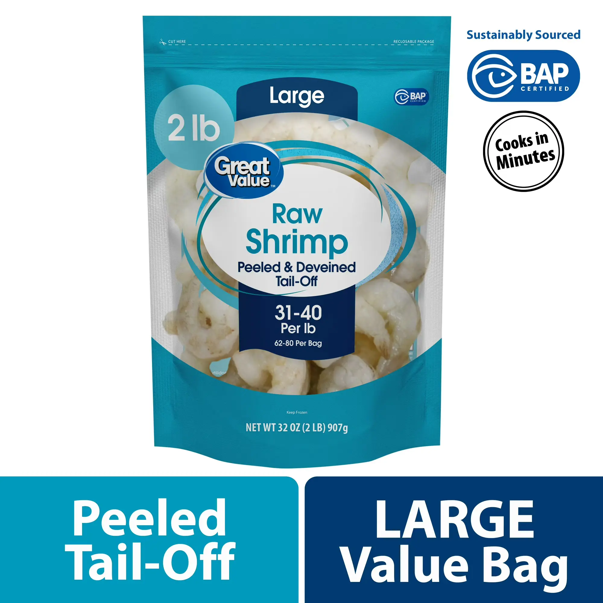 Great Value Frozen Raw Large Shrimp, Peeled & Deveined, Tail-Off, 2 lb Value Bag