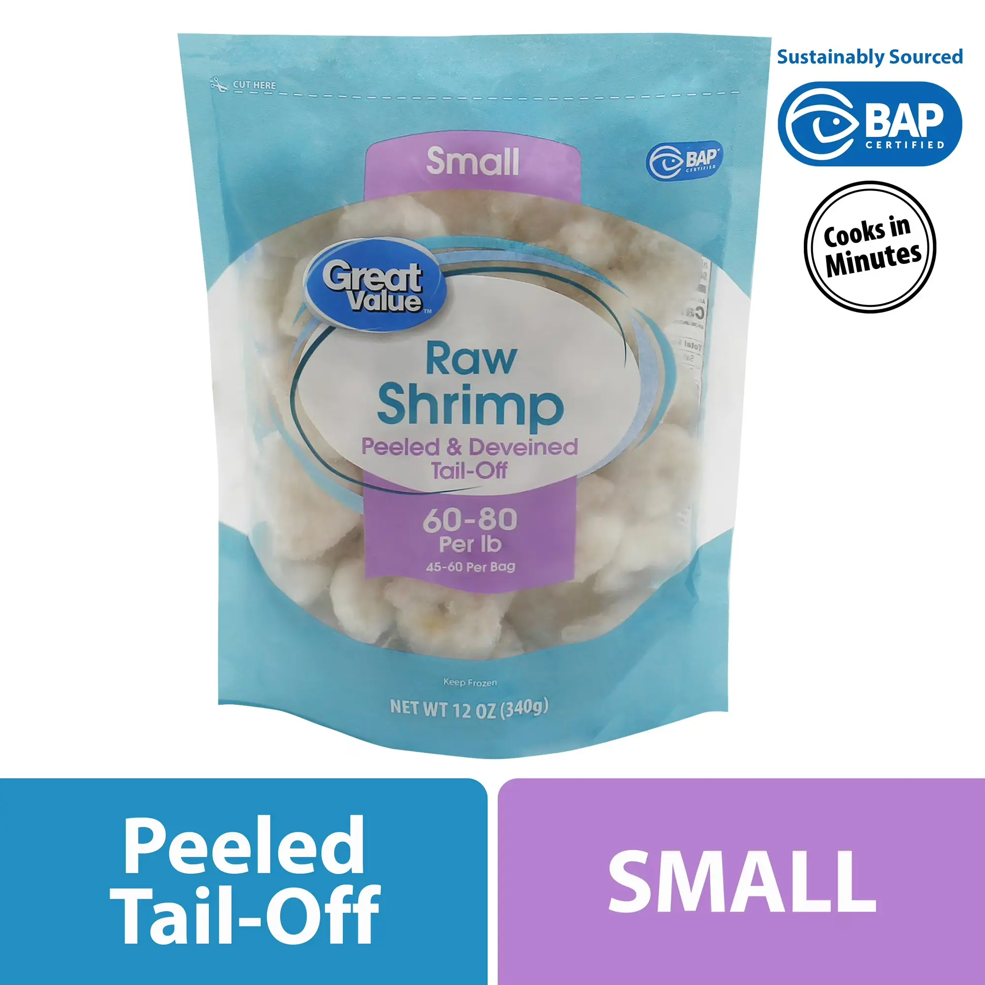 Great Value Frozen Raw Small Peeled & Deveined, Tail-off Shrimp, 12 oz Bag