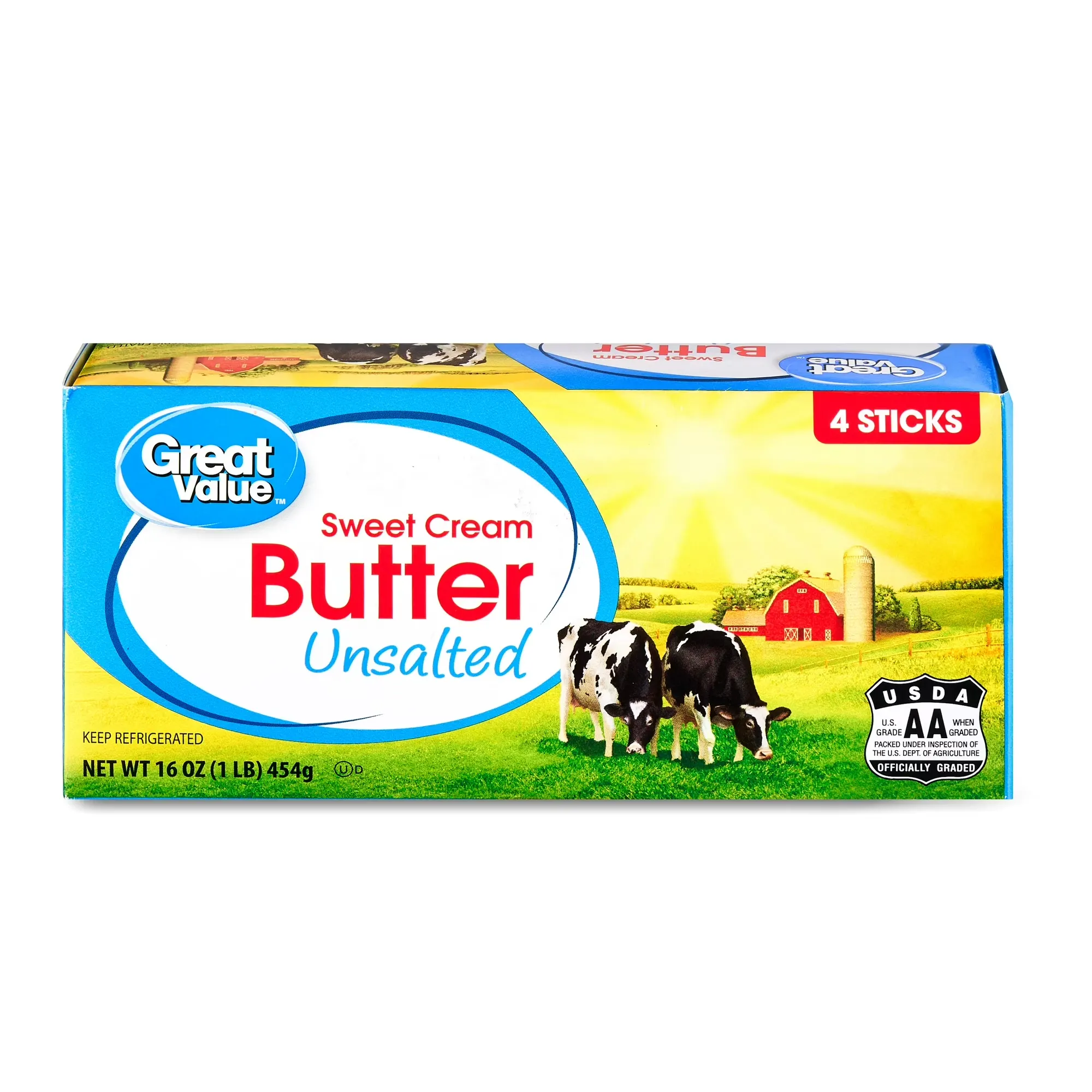 Great Value Unsalted Sweet Cream Butter, 4 Sticks, 16 oz Box